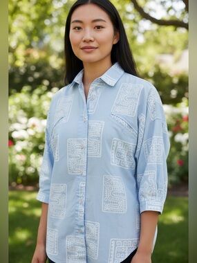DIANE von FURSTENBERG Vintage Tribal Print Button Down in powder blue